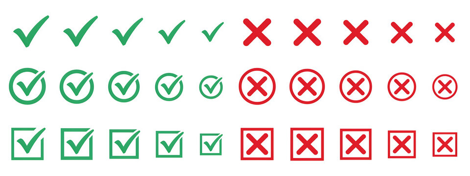 Collection of various tick and cross signs for web and document validation with checkmark validation incorrect selection checkbox decision