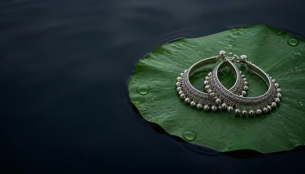 Traditional Indian Silver Anklets on Floating Lotus Leaf Macro