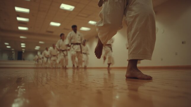 Medium shot of karate students practicing precise kata movements on padded floors instructor observing closely in background with soft focus.