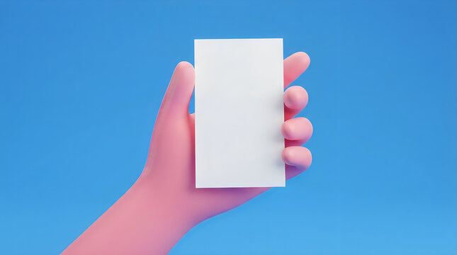 Hand holding blank white paper card against light blue background