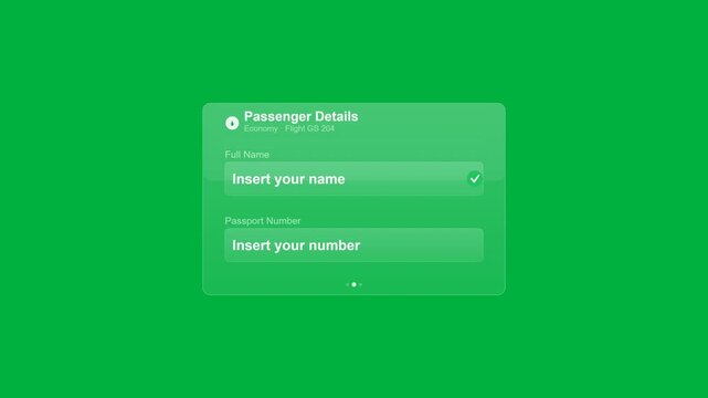 Passenger details form interface on a solid green background, travel booking application design
