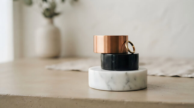 Stack of three cups in gold, black and beige colors on marble stand with green plant in background