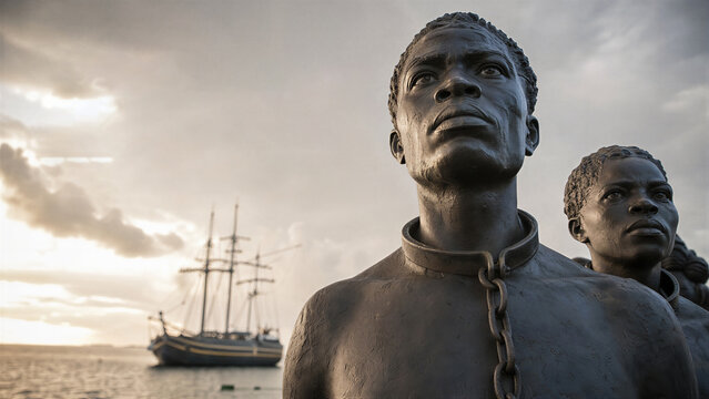 Bronze statue of African men in chains representing struggle against slavery. Remembrance of slave trade and abolition. Monumental sculpture honoring history and human rights at sunset.