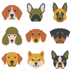 Fototapeta premium Collection of Stylized Minimalist Dog Breed Portraits Featuring Diverse Canine Facial Features and Various Cartoon Expressions