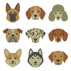 Fototapeta premium Set of Diverse Dog Breed Portraits Featuring Various Canine Facial Features and Coat Patterns in a Flat Vector Illustration Style