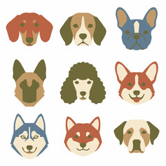 Fototapeta premium Collection of Stylized Minimalist Canine Head Portraits Featuring Diverse Dog Breeds in Flat Graphic Illustration Style