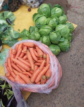 Fresh Carrots and Green Cabbage at Traditional Farmers Market
