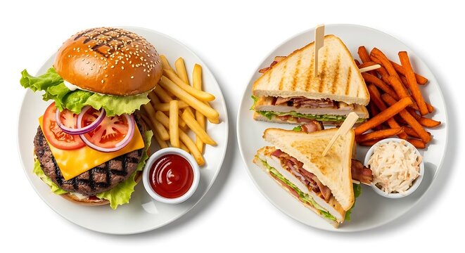 Top view of a delicious beef burger and a toasted club sandwich meal