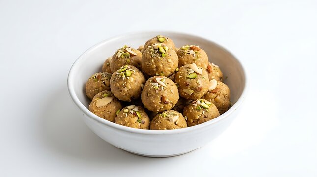 A white bowl filled with delicious homemade indian sweet laddu balls
