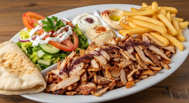 Delicious middle eastern chicken shawarma platter with fresh salad hummus and fries