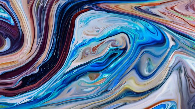 Blue, white, and black paints slowly swirl in marble waves, creating intricate fluid patterns and shiny gradients, glossy surface highlights. Concept of movement and abstract beauty