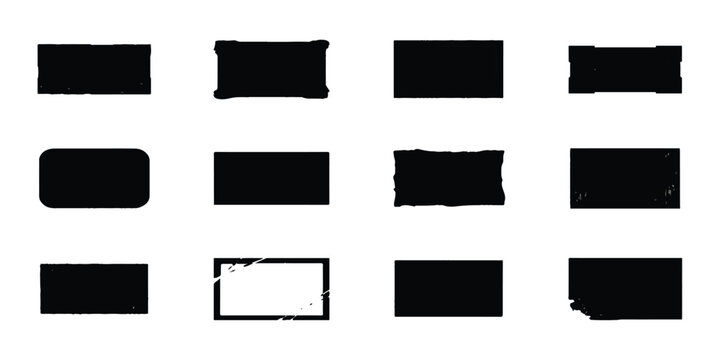 Set of twelve black grunge rectangular frames and ink stamp borders for design