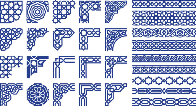 Set of islamic geometric corner and border patterns