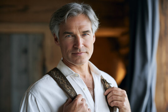 Confident mature man with gray hair wearing white shirt and traditional suspenders posing indoors near a window