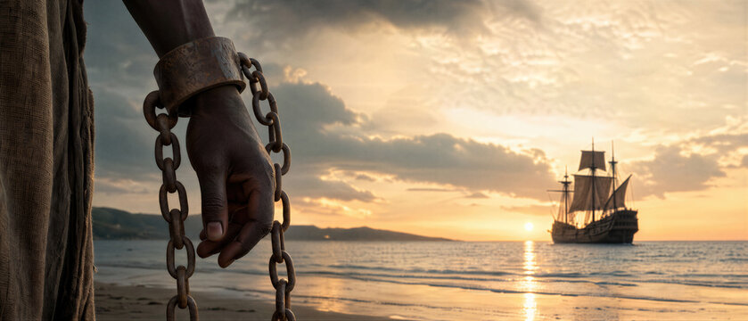 African man in chains standing on a beach looking at a historic slave ship at sunset. Remembrance of the slave trade and its abolition. Banner with copy space