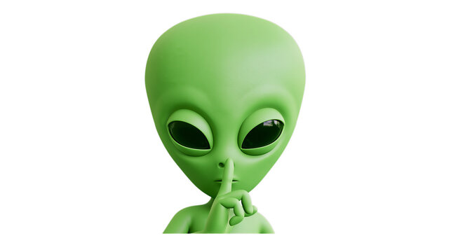 A curious green alien with large eyes gestures a silent request, isolated on a transparent background, perfect for creative projects