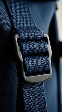 Close up of a robust navy blue fabric strap with a plastic buckle
