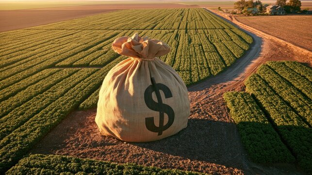 Concept shows giant burlap money bag on farm field with tilled earth surrounded by crops and a distant farmhouse under warm sunlight