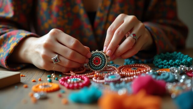 Close up of hands crafting colorful beaded jewelry with intricate designs, surrounded by various beads and materials on a wooden table