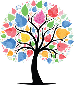 PrintAbstract colorful leaves tree vector illustration, decorative foliage artistic design element, vibrant nature growth symbol, ornate fantasy floral pattern, isolated on white.