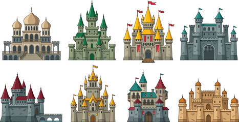 Medieval fairy tale castles collection with magic fortresses royal palaces stone towers kingdom citadels and fort fortresses set isolated vector illustration © MdSaddam