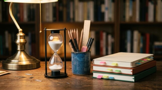 Vintage study desk with hourglass pens notebooks and lamp for back to school theme photography
