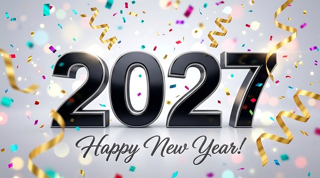 Three dimensional black 2027 numbers with golden ribbons and colorful confetti for a festive holiday celebration greeting