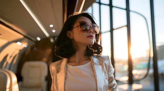 Elegant Asian woman wearing sunglasses and a metallic blazer inside a private jet at sunset