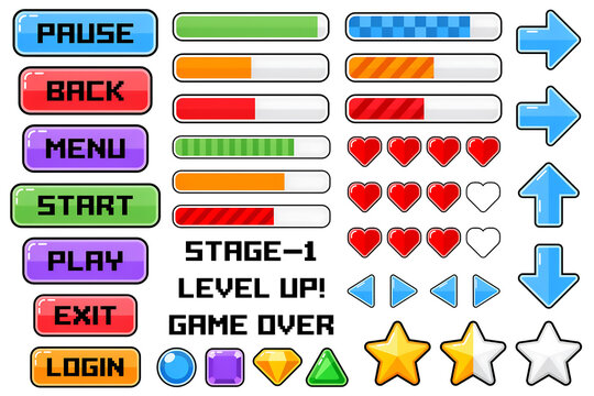 Collection of pixel art user interface elements for games with interface elements progress