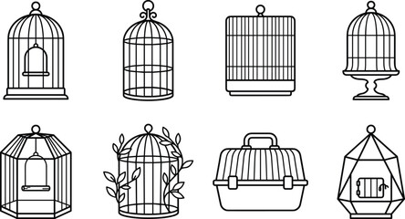 Bird Cage and Pet Carrier Line Icon Set with Vintage Geometric and Decorative Plant Elements © Taijul