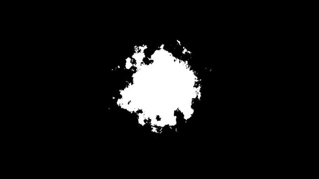 Dramatic ink blot burst transition, abstract textured splash frame graphics design on black background, white luma effect splatter stain leak spread flow scatter over screen ink transition, 4k video
