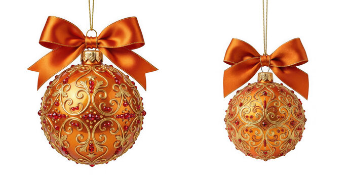 Two orange christmas ornaments with intricate gold patterns and red gems isolated on transparent background