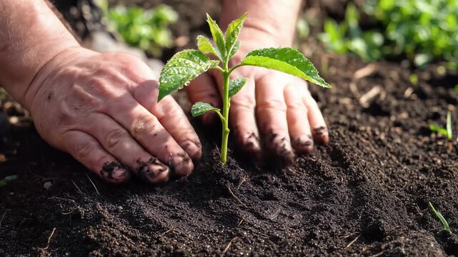Gardener hands planting a young green sprout in fertile soil outdoors