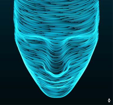 A face mask of blue lines, like data flowing through a digital mind. AI concept. The process of modeling or scanning. Digital design of a futuristic identity. Technological concept. Vector for design