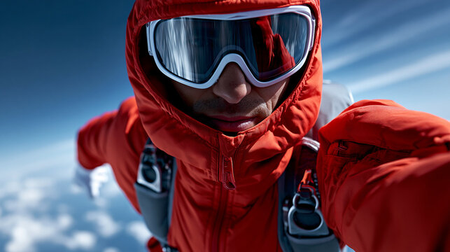 Portrait of a faceless guy jumping from a parachute, parachute jump, skydiving portrait, extreme sport, adventure, freefall, with copy space