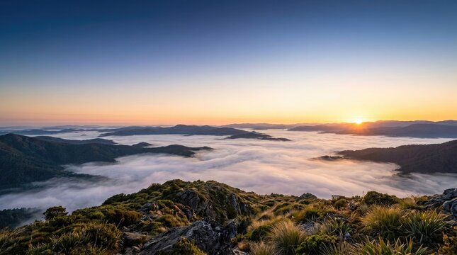 A breathtaking panoramic landscape view of mountains above the clouds at sunrise perfect for celebrating the beauty of world photography day