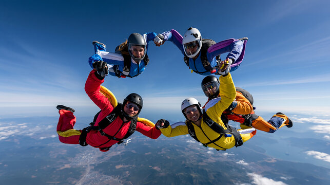 Faceless group of skydivers forming a circle formation mid-air, skydive formation, group adventure, extreme sport, freefall thrill, aerial recreation, with copy space
