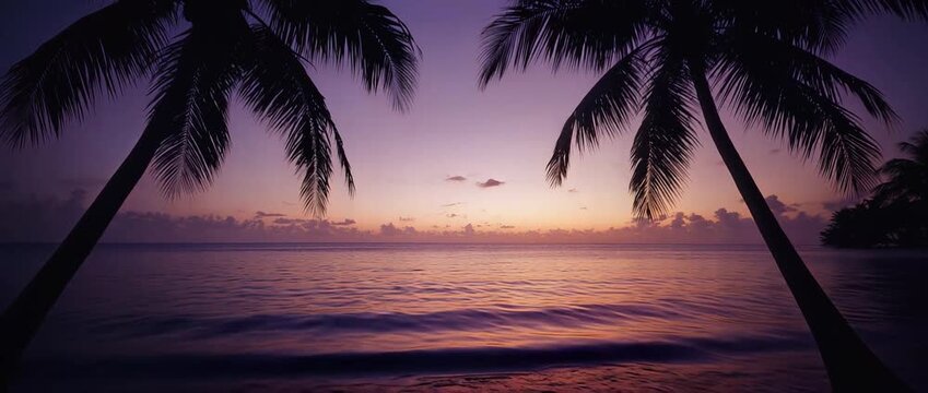 Palm tree silhouettes framing calm tropical ocean waves during colorful purple sunset at dusk.
