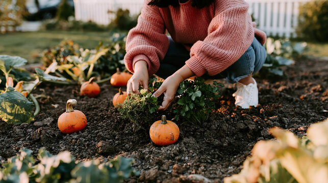 Autumn harvest garden scene with hands gathering herbs and pumpkins in rich soil