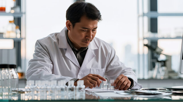 Lab scientist in white coat examining sample vials in modern laboratory with focused expression