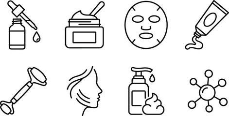 Skincare and Cosmetics Beauty Routine Line Icon Set with Serum Cream Mask Face Roller and Lotion Symbols © Taijul