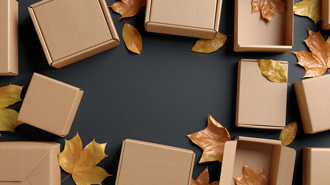 Recycled paper parcel brown box autumn leaf black background gift package open box flat lay seasonal decor online shopping shipping box