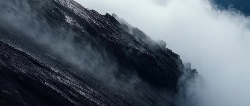 Mist and clouds drifting past a steep dark mountain rock face in high altitude wilderness.
