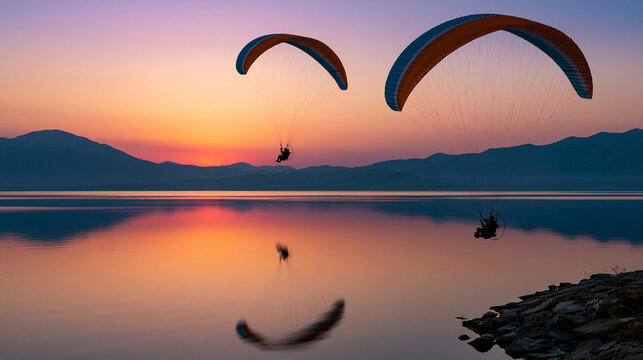 Two faceless powered paragliders flying over a lake at sunset, paramotor flying, silhouette reflection, extreme sport, sunset adventure, sky recreation, with copy space