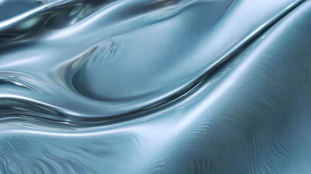 Soft blue and silver tones flow in glossy liquid motion, surface shimmers with slow waves and gentle gradients, metallic texture creates modern look. Concept of flow and visual luxury