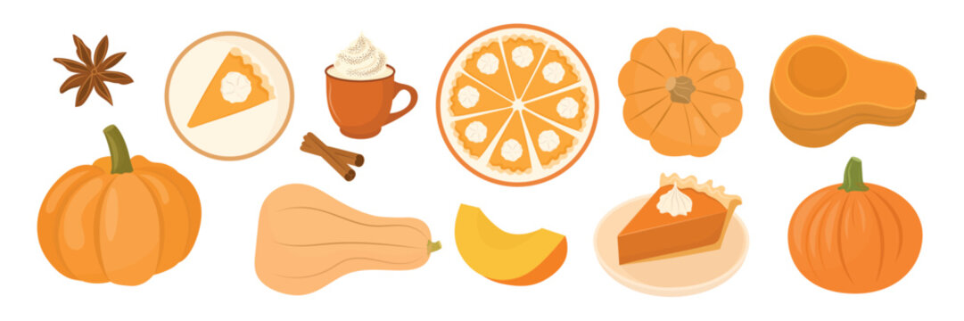Pumpkin pie vector set with whole sweet pie, slice pumpkins, latte cup with whipped cream, cinnamon sticks, star anise. Cozy autumn food collection for Thanksgiving, fall menu and seasonal design.