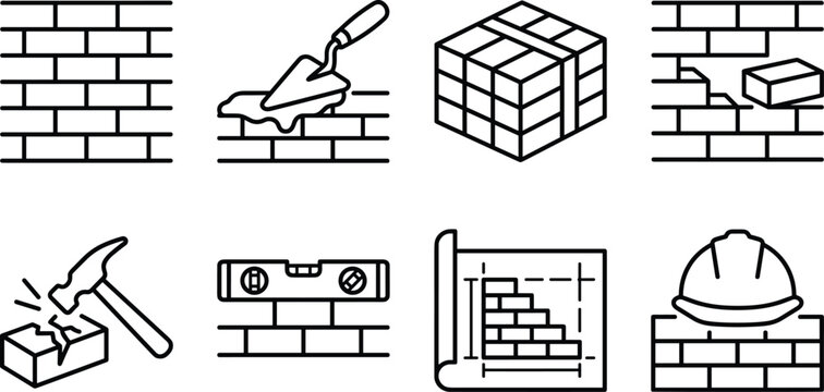Bricklayer and Masonry Construction Line Icon Set with Trowel Spirit Level Blueprint and Helmet Symbols