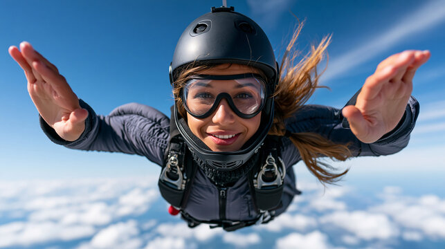 Faceless young woman skydiving in a blue sky with clouds, skydiving, extreme sport, freefall thrill, adventure lifestyle, adrenaline hobby, with copy space