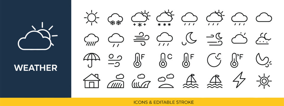 Weather, outline icon collection with clouds, sunny day, moon, rain, snowflakes, wind and climate symbols, editable vector set.