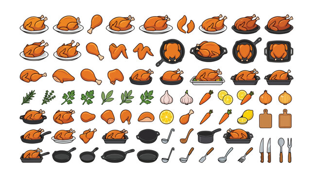 Roasted chicken and turkey vector icon set, whole poultry, drumsticks, wings, and cooking utensils, a comprehensive food preparation graphic resource for menus and recipes.